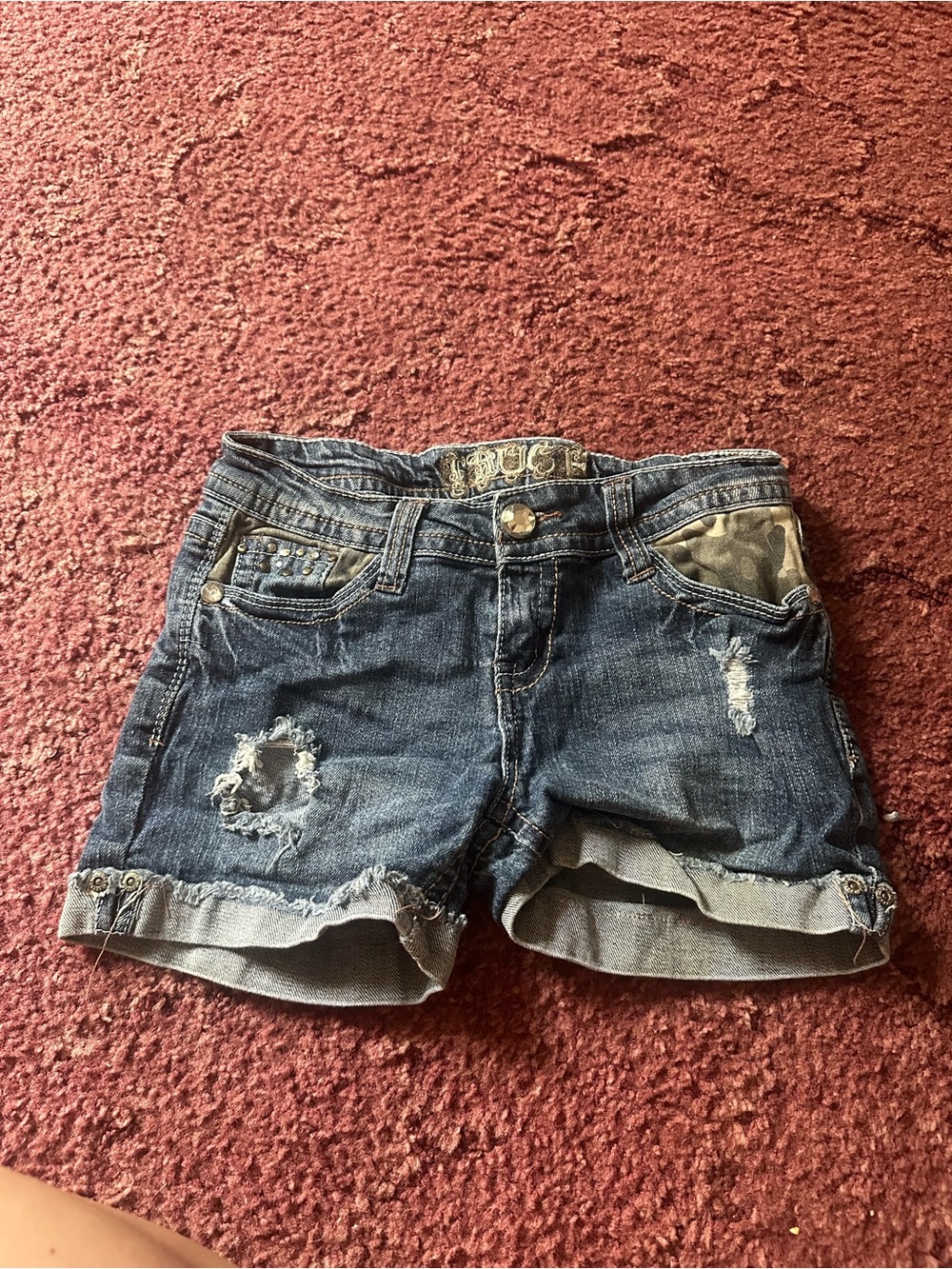 Distressed Dark Blue Denim Shorts with Camo Pocket Trim